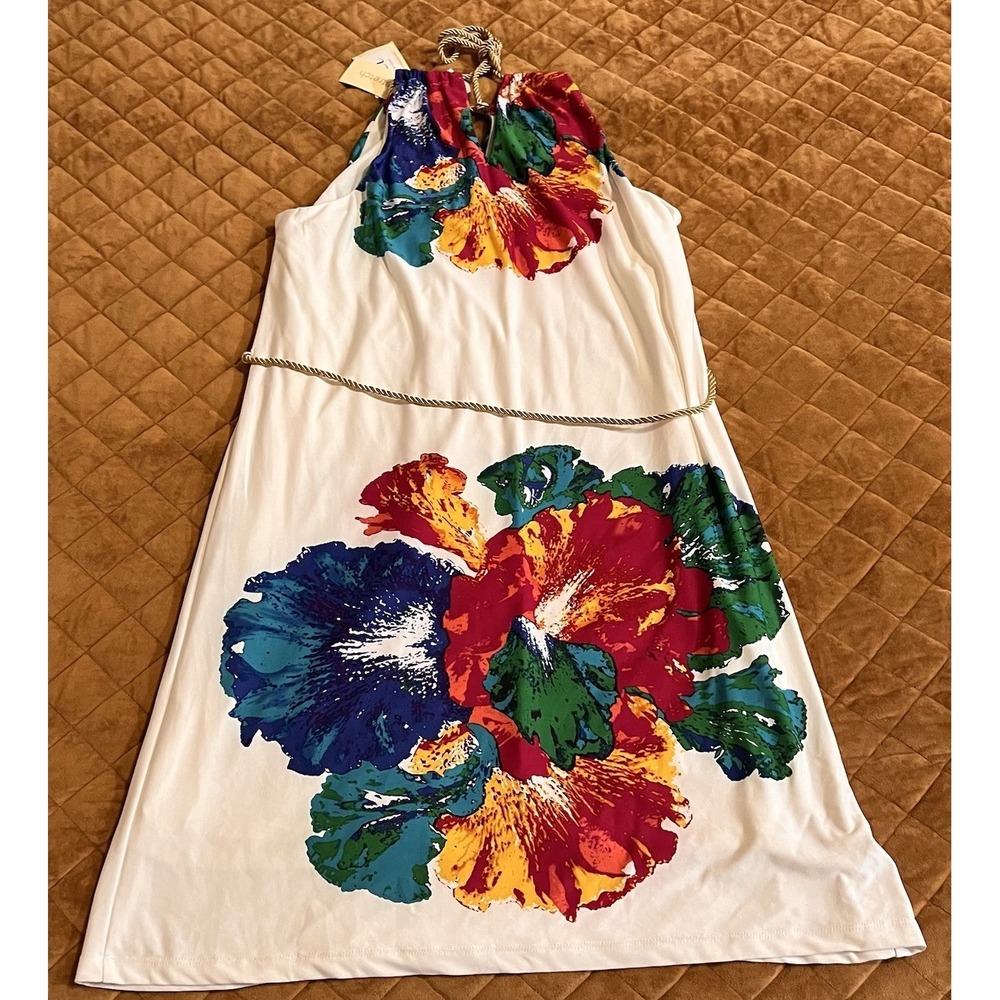 Womens Halter Maxi Dress White Bold Floral Print Rope Belt Sleeveless Resort